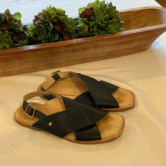 Portland Leather Patina Criss Cross Sandal Size 7 Black Square‎ Toe Slingback - Picture 1 of 5